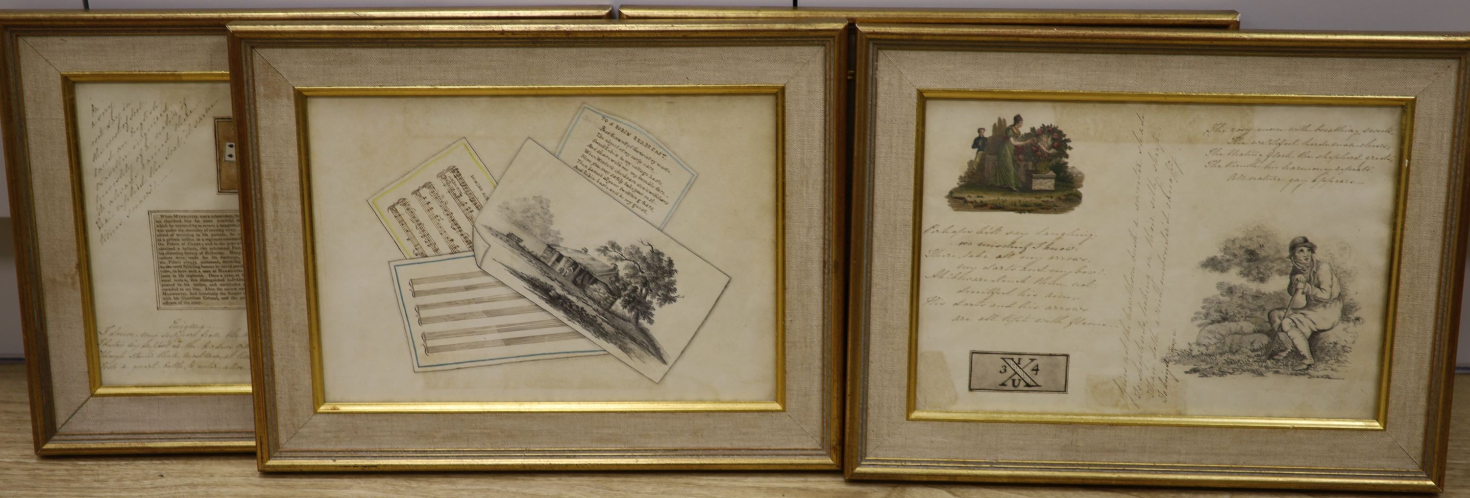 19th century English School, set of clin d’oeuil watercolour and collage panels, Poems, verses, and views of Ampleforth and Stoneyhurst, 22 x 33cm.